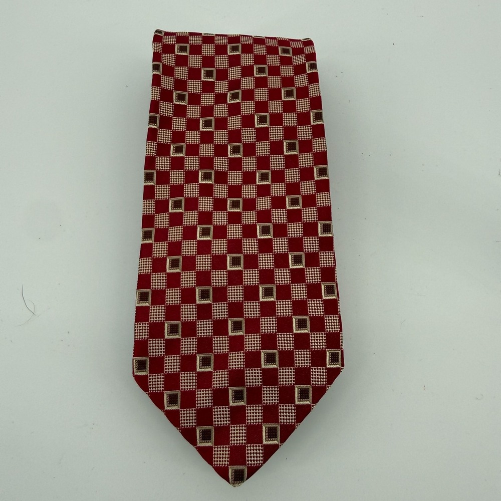 BOSS Hugo Boss Red Checkerboard Mens 100% Silk Tie Made in Italy 90s Red‎